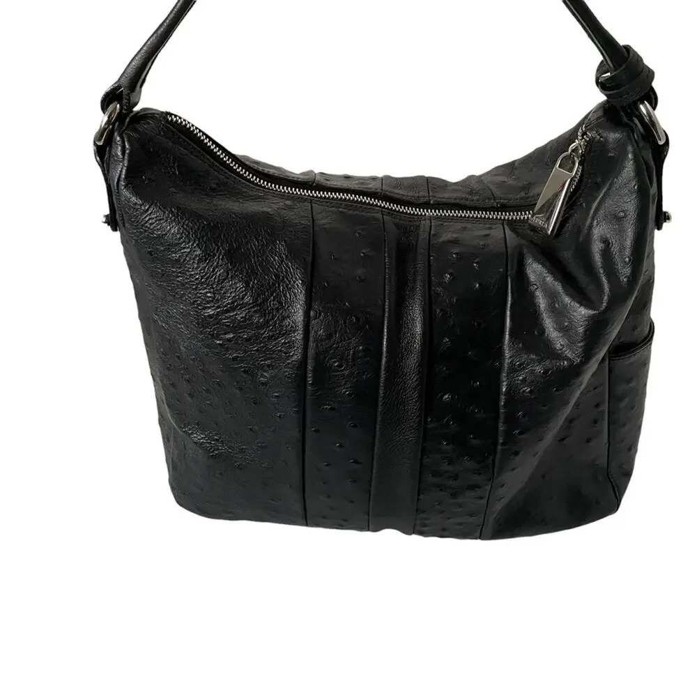 Furla Soho Hobo Bag Leather Shoulder Top Handle Ostrich Embossed $398 Black EUC